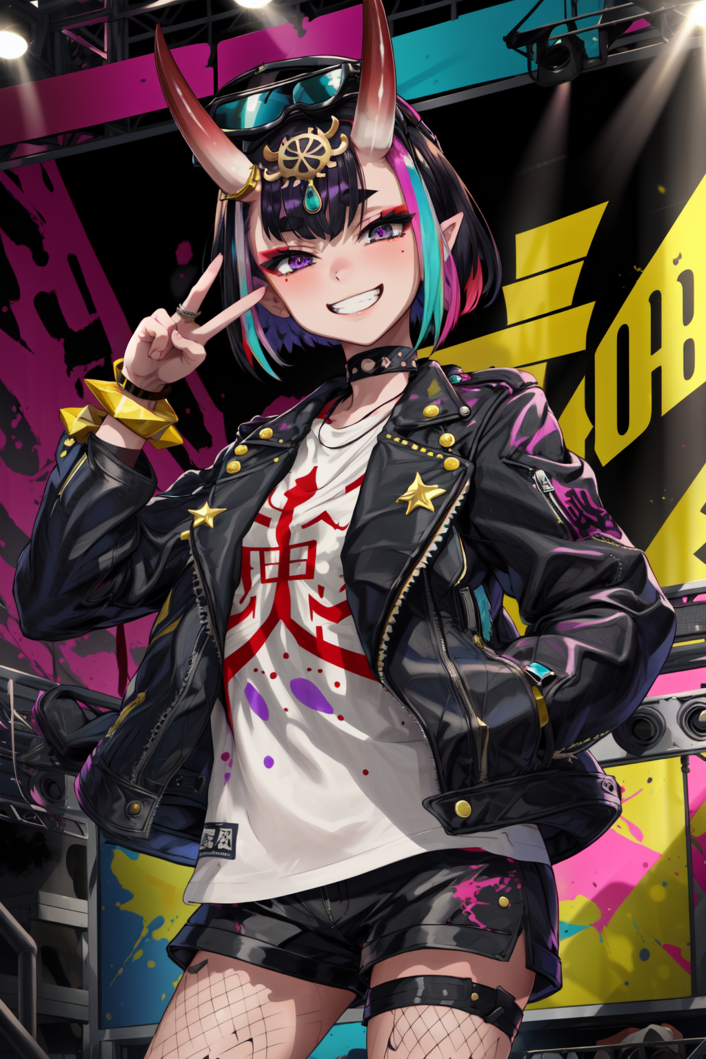 00564-3519422466-masterpiece,best quality,1girl,shuten douji,eyewear on head,headpiece,multicolored hair,collar,leather jacket,open jacket,print.png